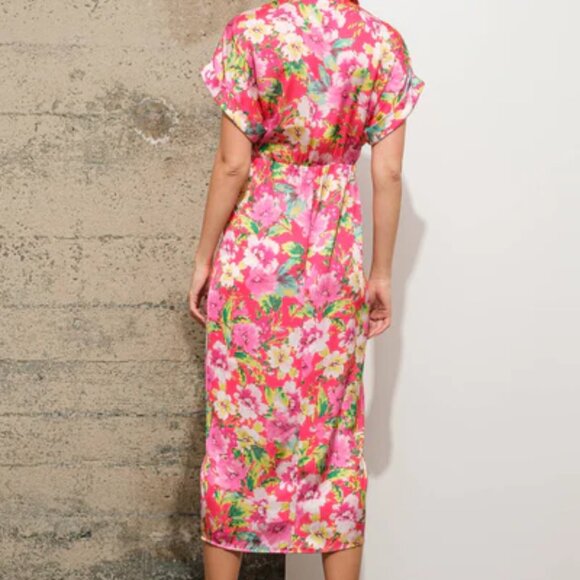 NWT Hawaiian Tropical Floral Print Ruched Tie Front Satin Shift Dress - Picture 5 of 6